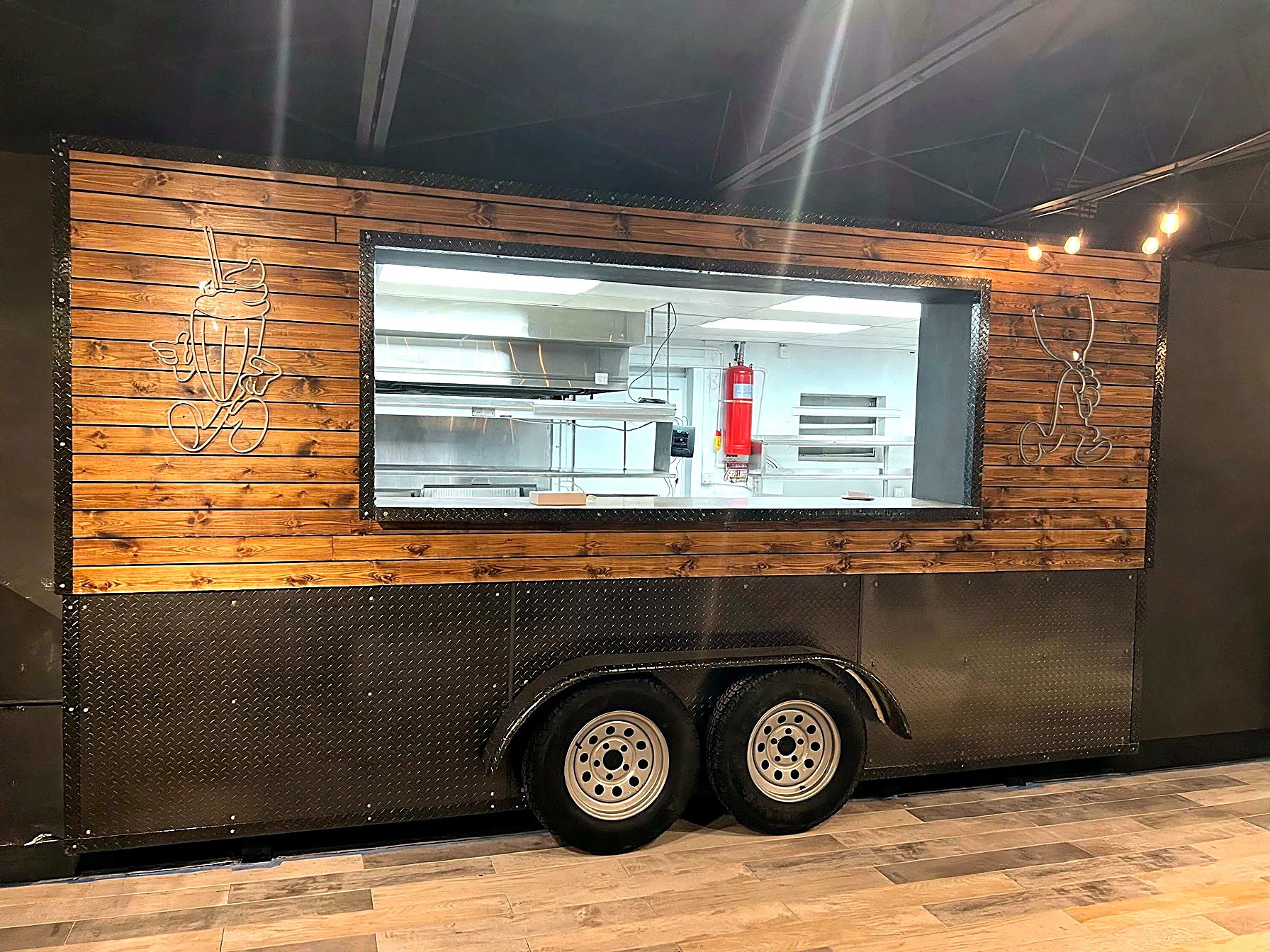 Food truck facade finished with wood-look paneling