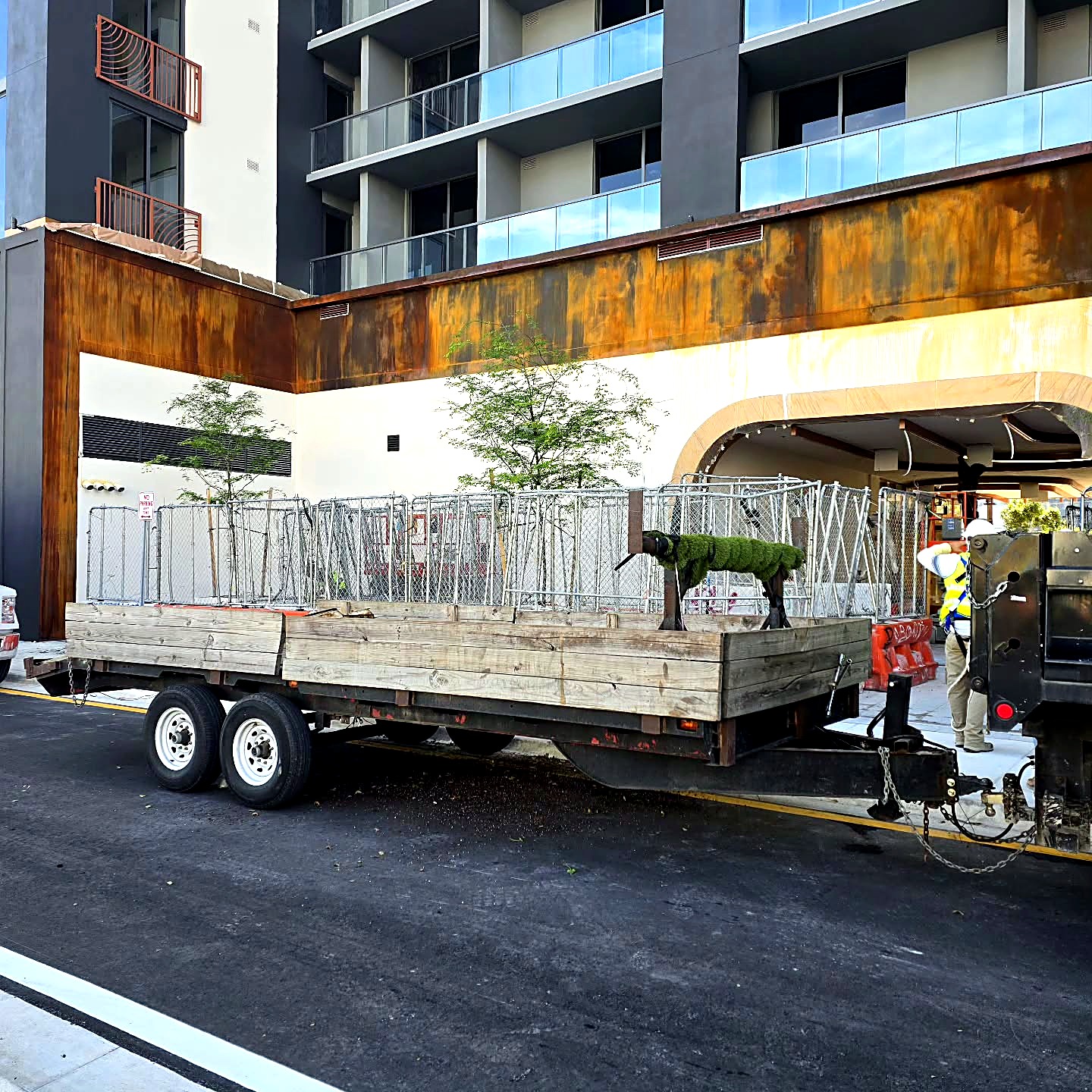 Wide view of the completed corten-inspired facade panels