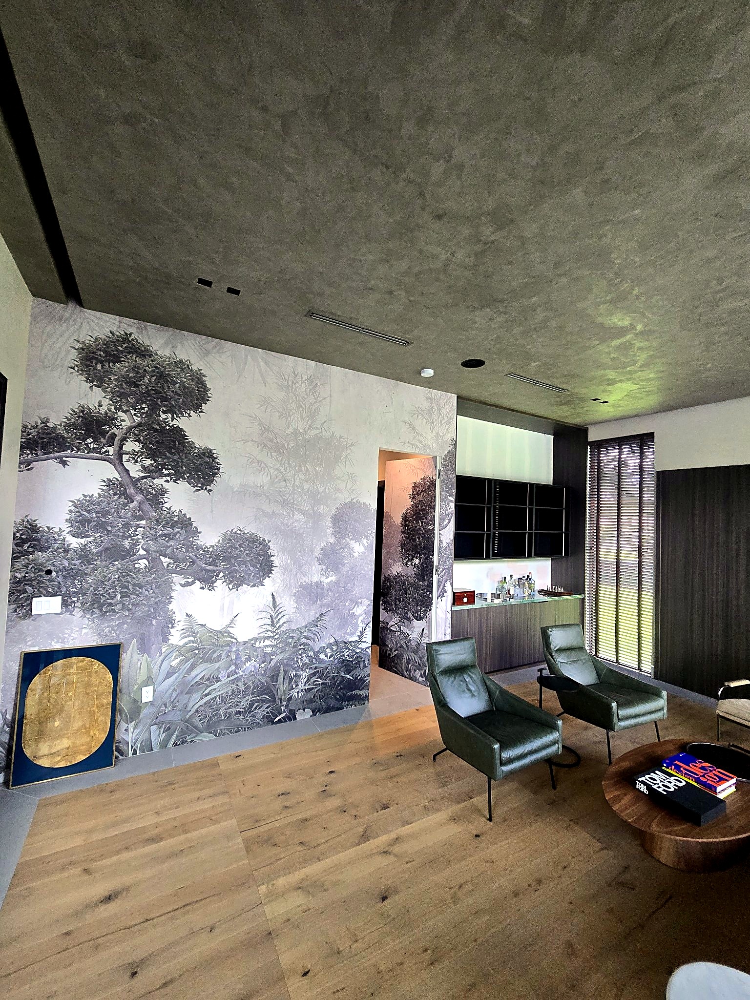 Second view of the hand-finished Venetian plaster ceiling